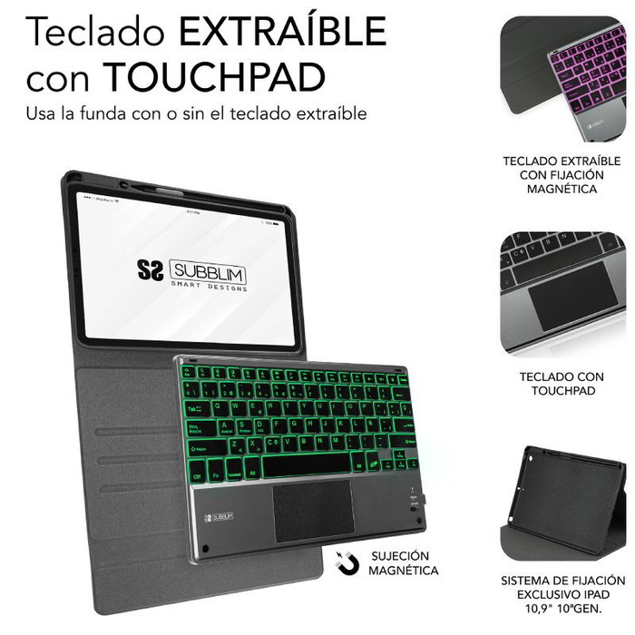 Sublim KeyTab Pro BT Funda Teclado para iPad 10.9" 10a Gen - Negro, Retroiluminado 7 Colores, Touchpad, Bluetooth 5.2, Español, SUBKT4-BTPI03